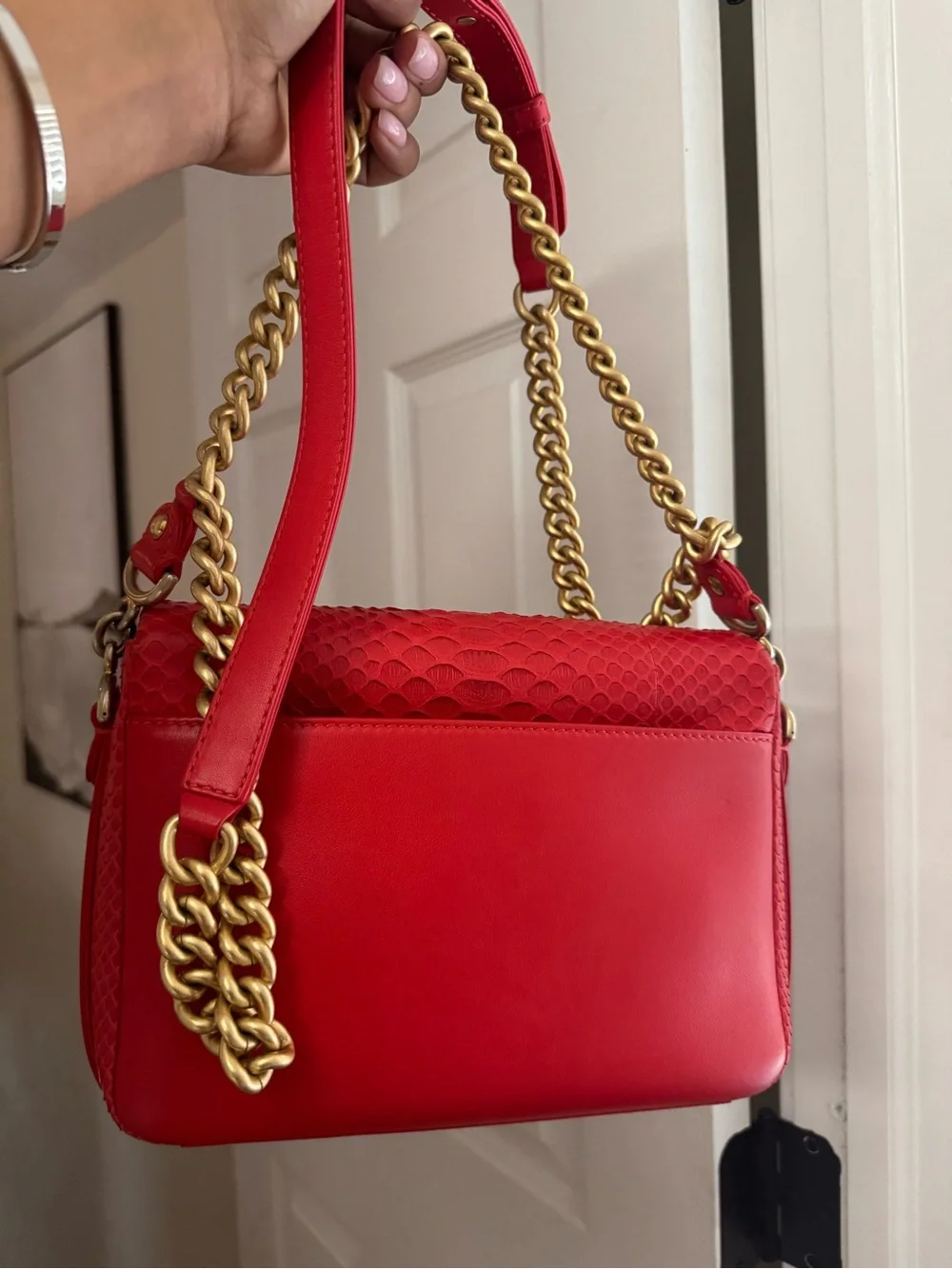 CHANEL Medium Classic Flap Red Python Snakeskin Gold Chain RARE